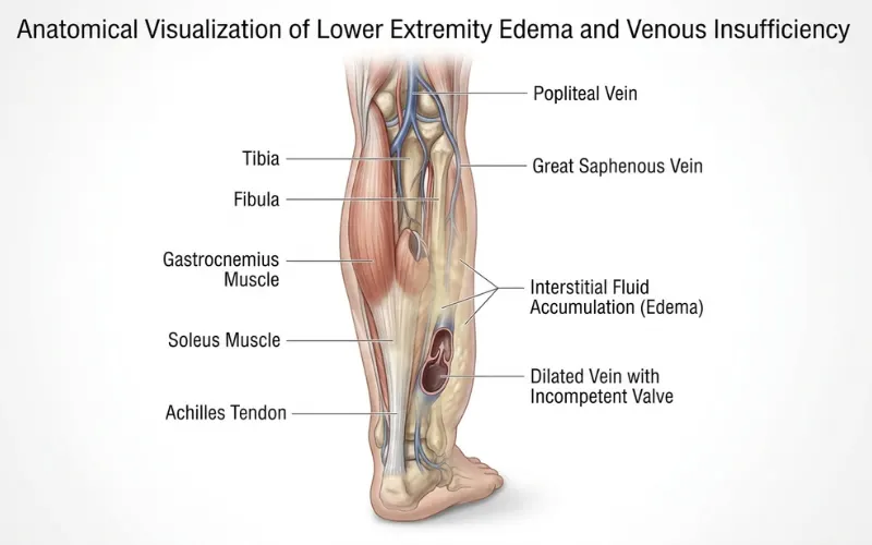 Medical-style realistic illustration of fluid buildup inside human leg tissues and blood vessels, transparent skin effect, detailed anatomy, realistic healthcare visualization