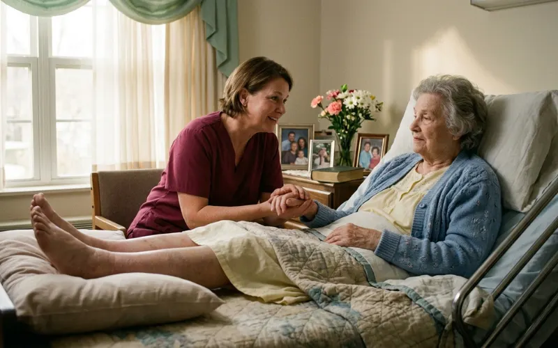 Compassionate hospice care scene with elderly patient suffering severe leg swelling resting in bed, caregiver assisting gently, soft emotional lighting