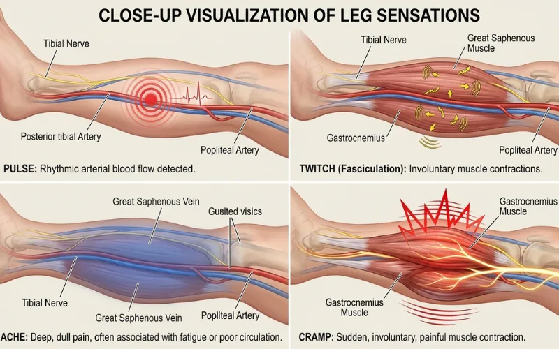 “Close-up medical visualization of different leg sensations including pulse, twitch, ache, and cramp with highlighted nerves and blood vessels”