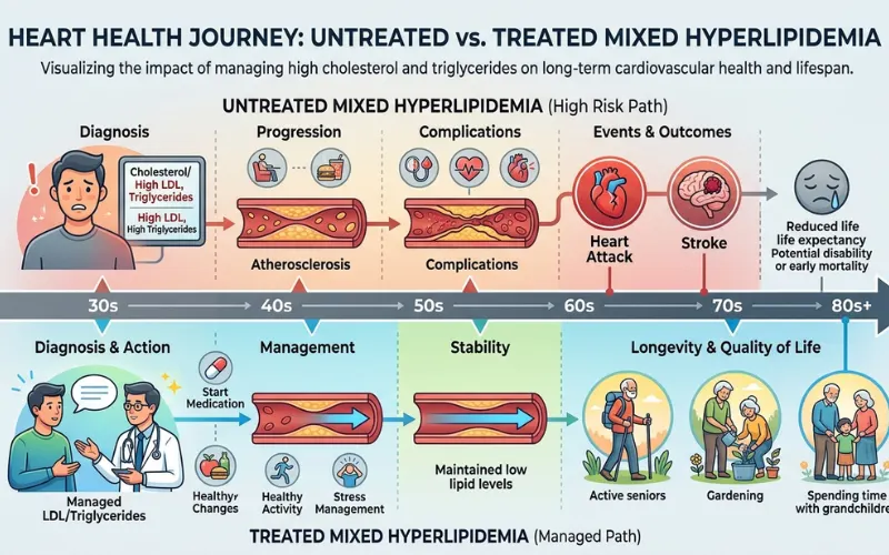 Heart health timeline illustration showing untreated vs treated mixed hyperlipidemia outcomes, lifespan comparison concept