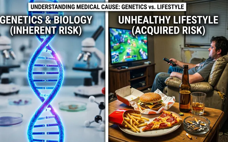 Split image showing DNA helix on one side and unhealthy lifestyle (junk food, alcohol, inactivity) on other side, medical cause concept
