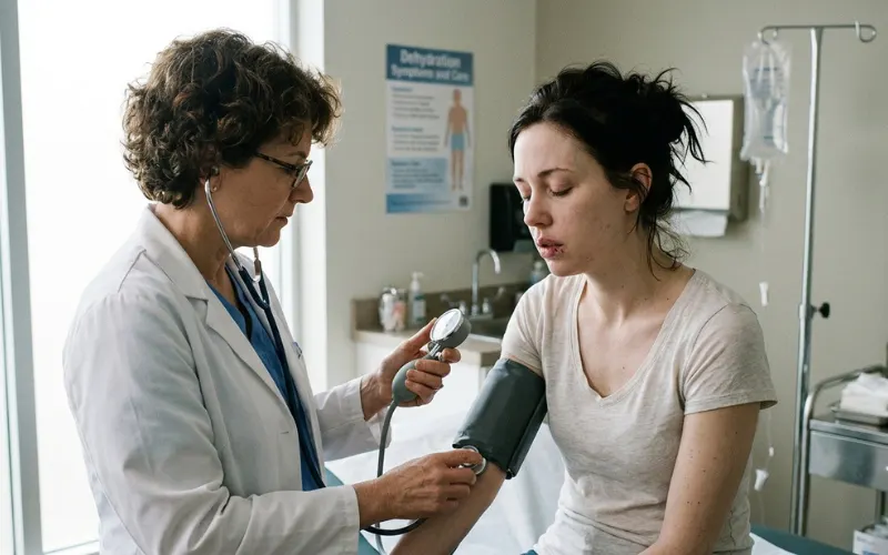 Doctor checking patient blood pressure in clinic, emergency dehydration symptoms.