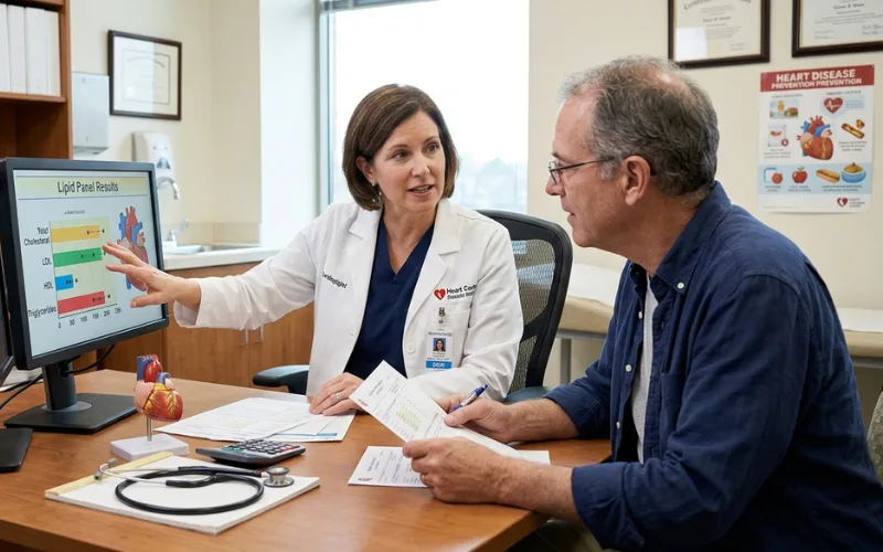 Patient discussing cholesterol results with cardiologist, lipid testing and heart disease prevention consultation scene.