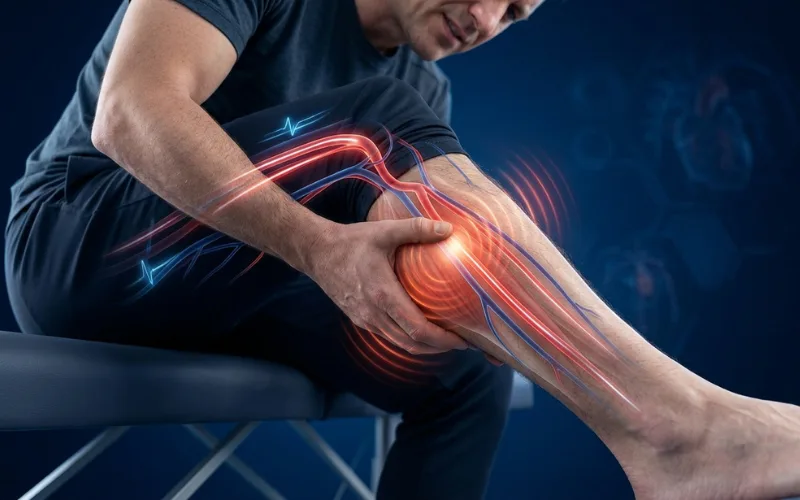 “Realistic medical illustration of a person touching a throbbing calf, glowing pulse lines through leg veins and arteries, dark blue background, vascular health concept, cinematic lighting, ultra detailed”