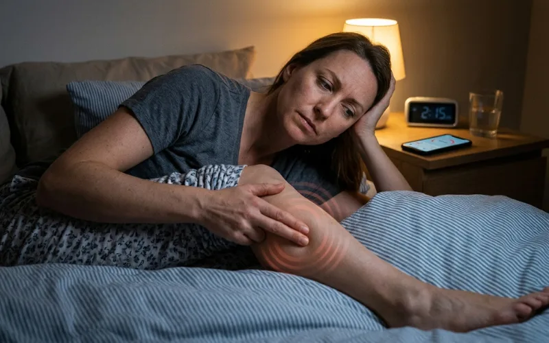 “Person lying awake noticing pulse sensation in leg, nighttime medical awareness concept”