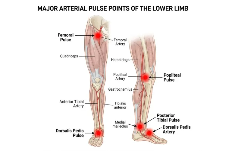 “Highlighted pulse points in thigh, calf, ankle, and behind knee on detailed leg anatomy diagram”