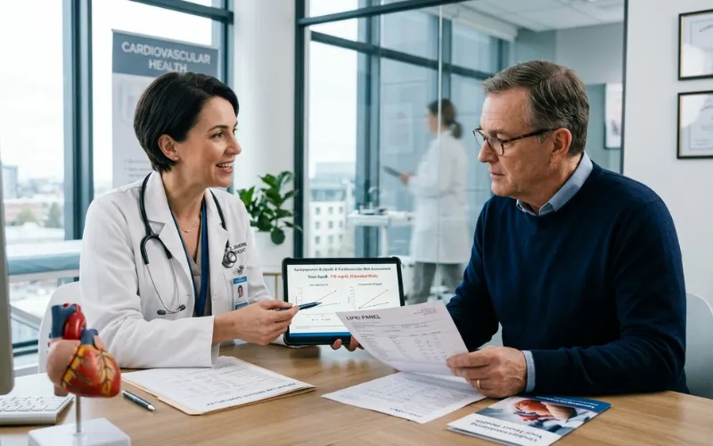 Cardiologist discussing ApoB testing with patient, medical consultation scene.