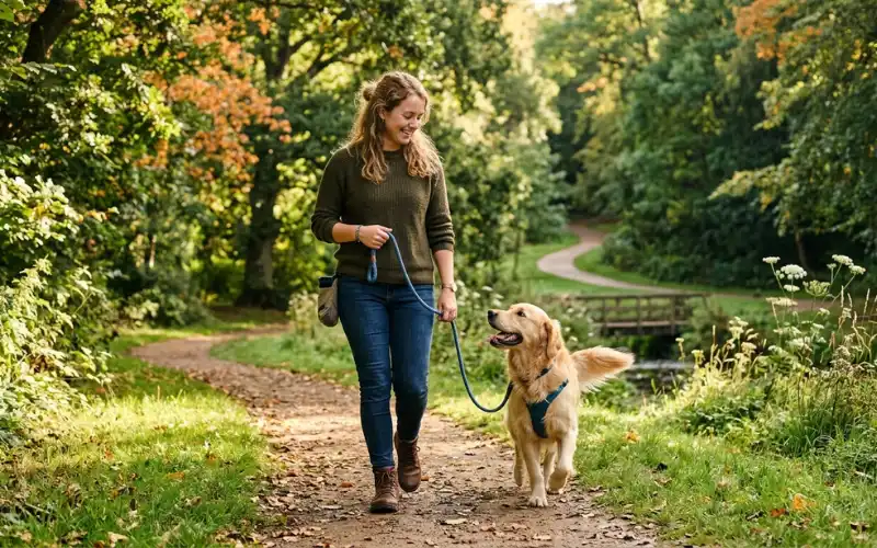 woman walking a happy dog in a peaceful green park, natural morning light, candid lifestyle.