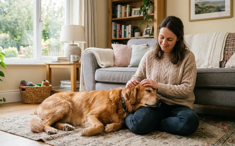 A woman gently petting their dog beside a sofa.