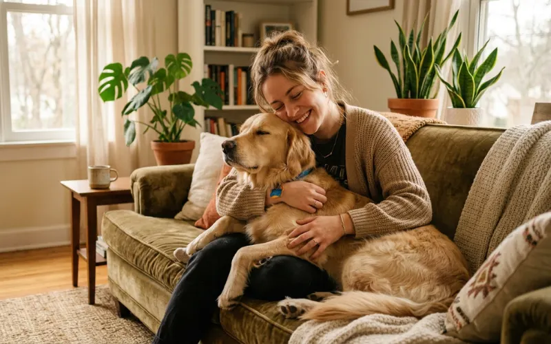 A woman peacefully cuddling a friendly dog at home.